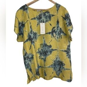 Bellambra 100% linen blue starburst on yellow drop shoulder blouse NWT